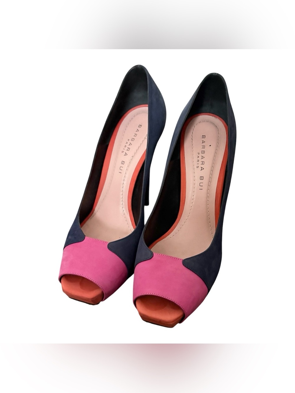 BARBARA BUI Colorblock Pink, Navy & Orange Peep-Toe Pumps - Picture 2 of 5